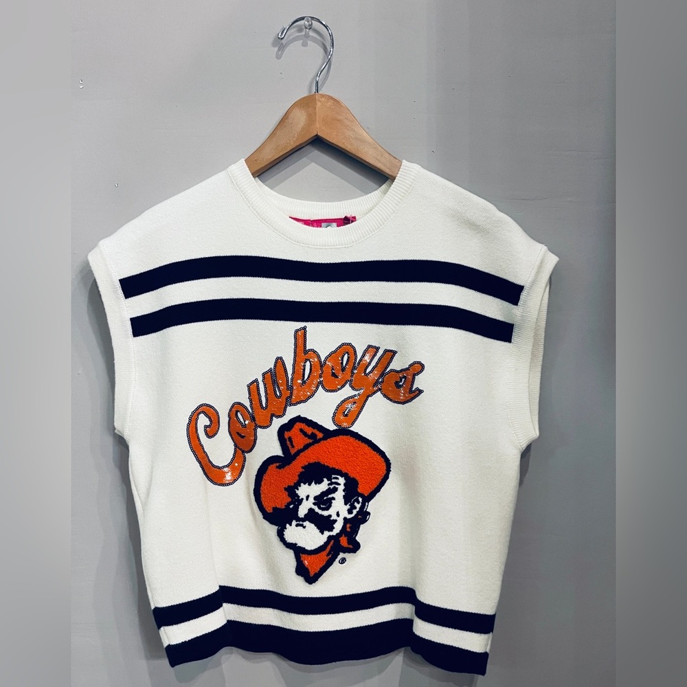 QUEEN OF SPARKLES Stripe PISTOL PETE Appliqué Knit Top OSU Oklahoma State NWT S